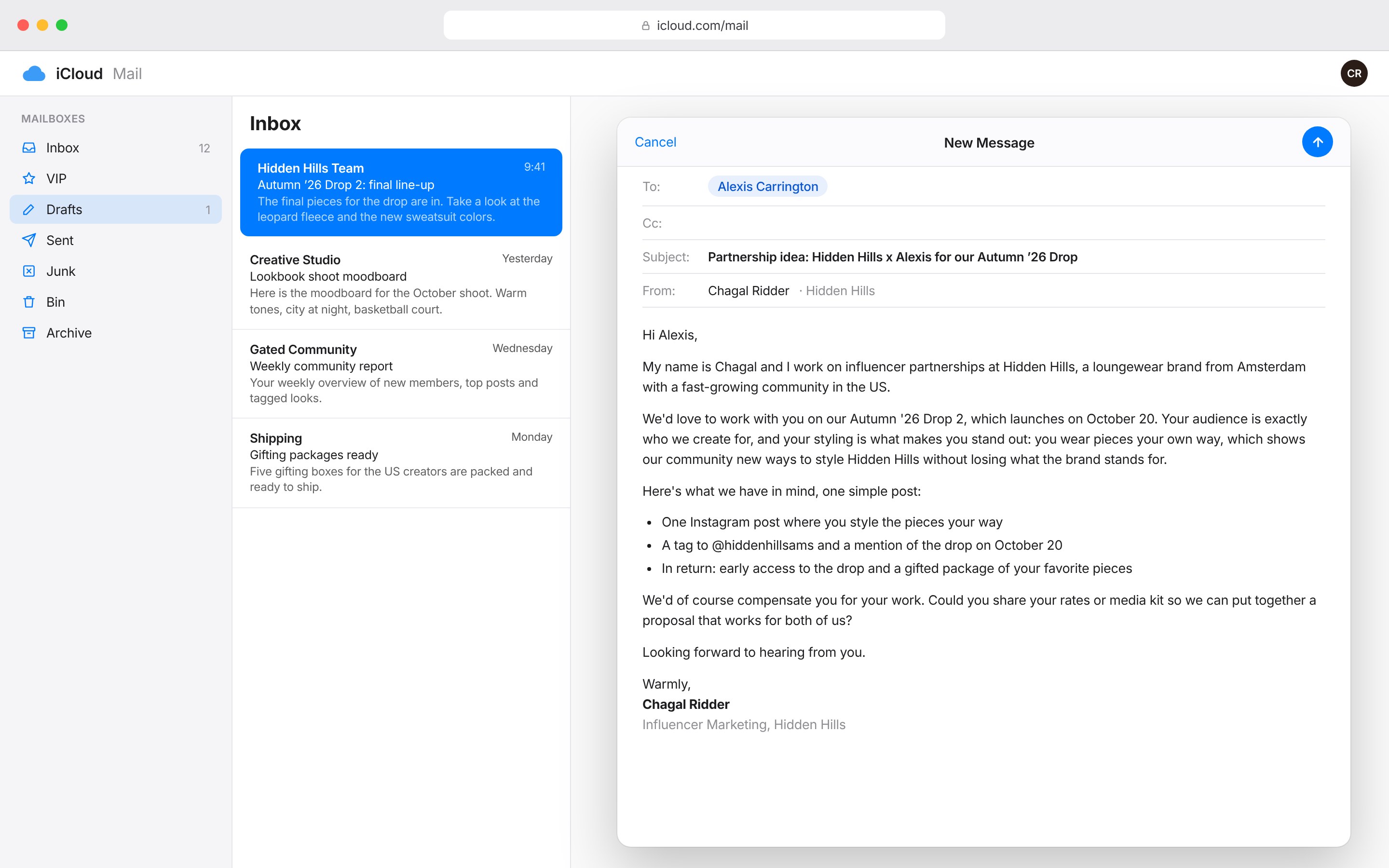Outreach-mail aan Alexis Carrington in iCloud Mail
